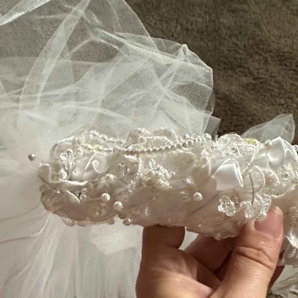 White Beaded Bridal Veil with Floral Applique
